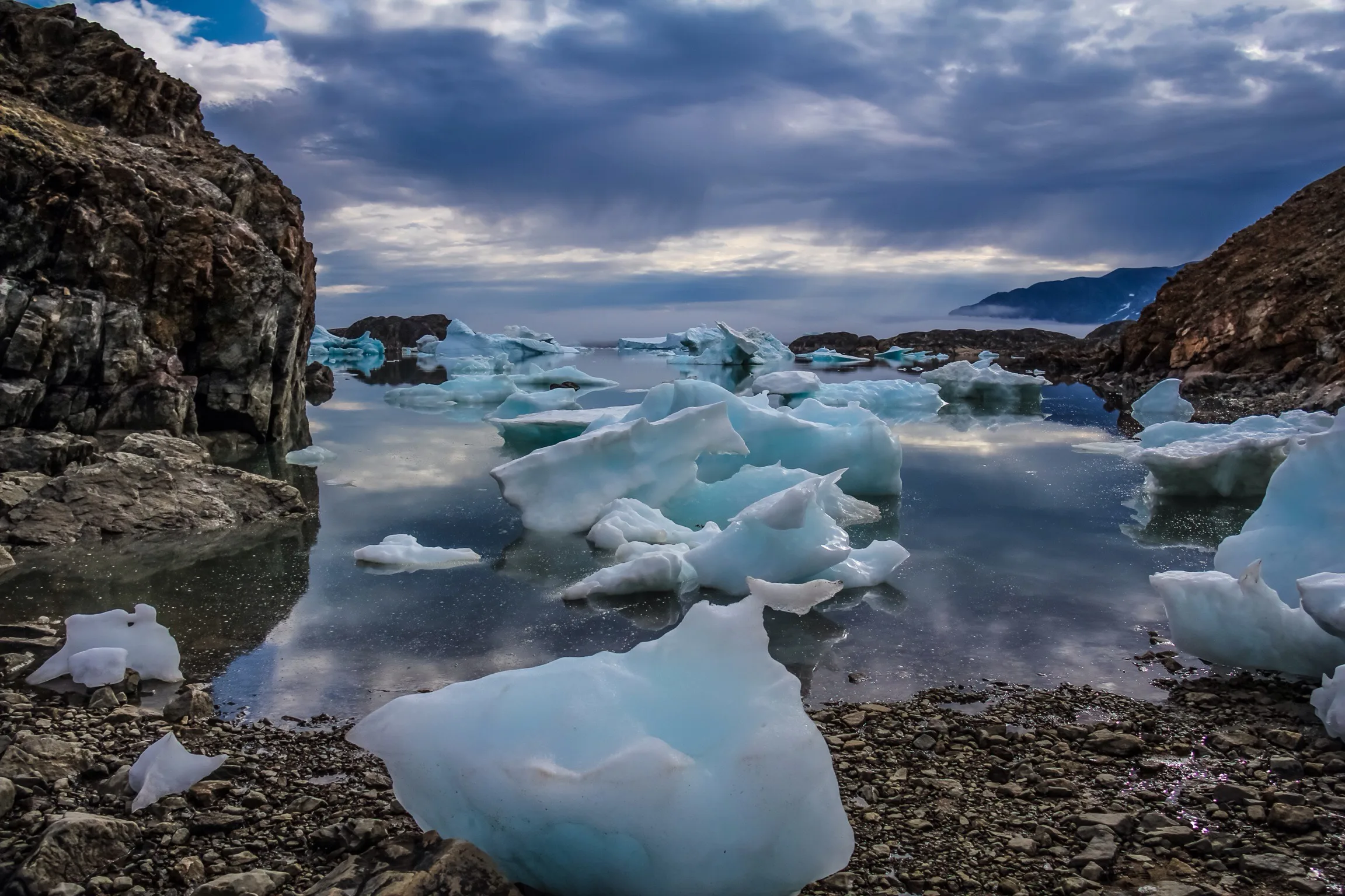 Grounded icebergs on the shore near Tasiilaq, East Greenland
