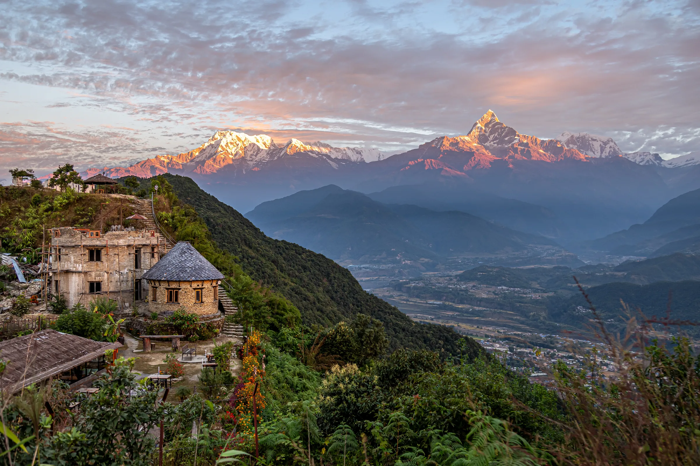 Sunrise on the Himalaya from the ridge above Pokhara