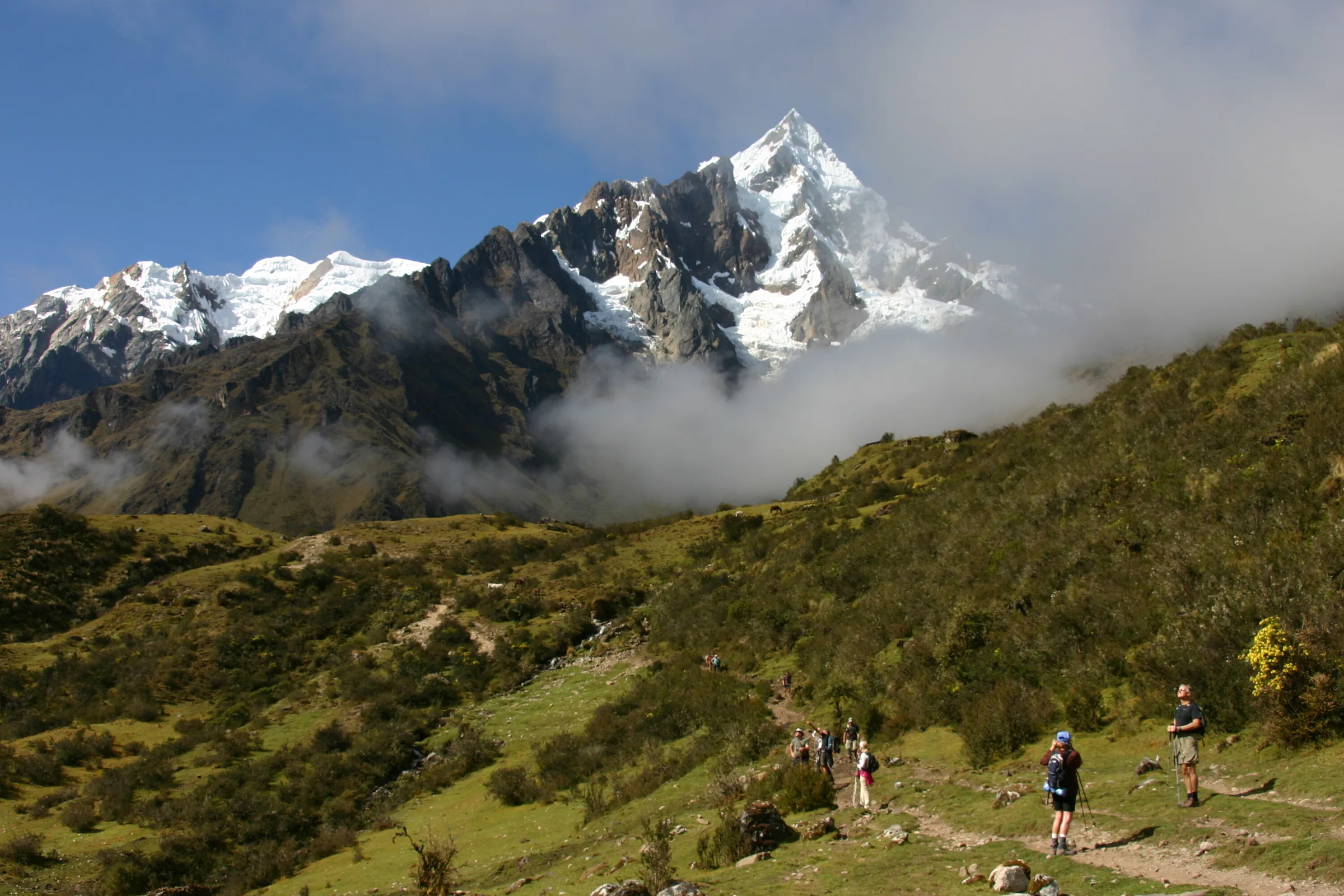 Trekkers below the pass on the Salkantay route