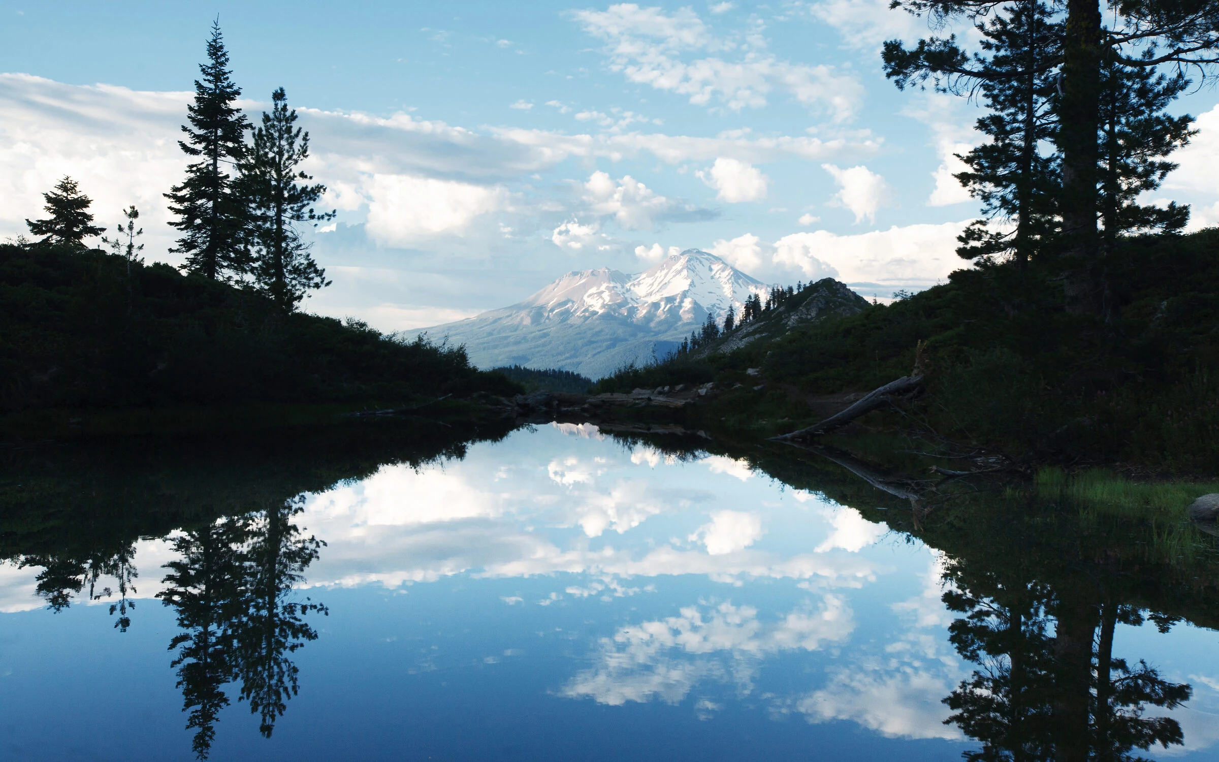 Mount Shasta reflected in an alpine lake