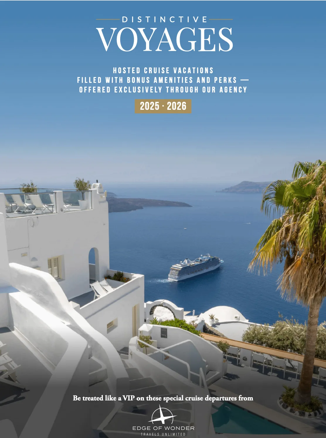 Distinctive Voyages 2025-2026 brochure cover — hosted cruise vacations