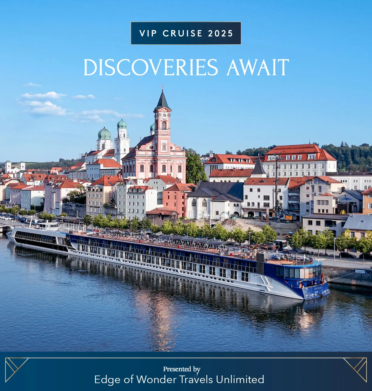 VIP Cruise 2025 brochure cover — Discoveries Await
