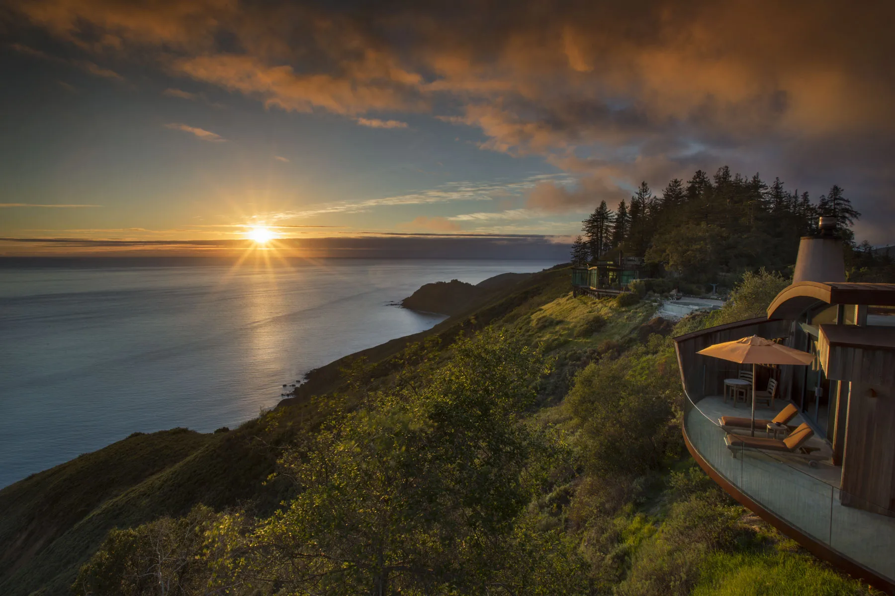Post Ranch Inn on the ridge above the Big Sur coast at sunset